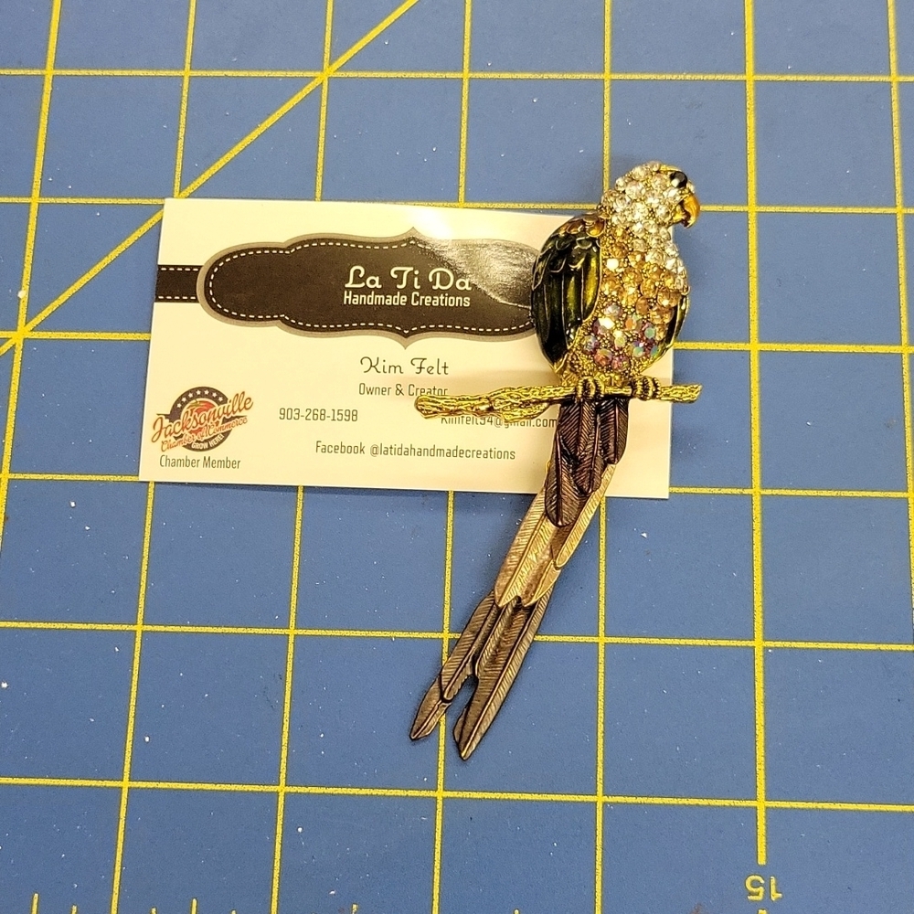Parrot Bird Brooch & Pendant 4" Multi Color Metal & Rhinestones